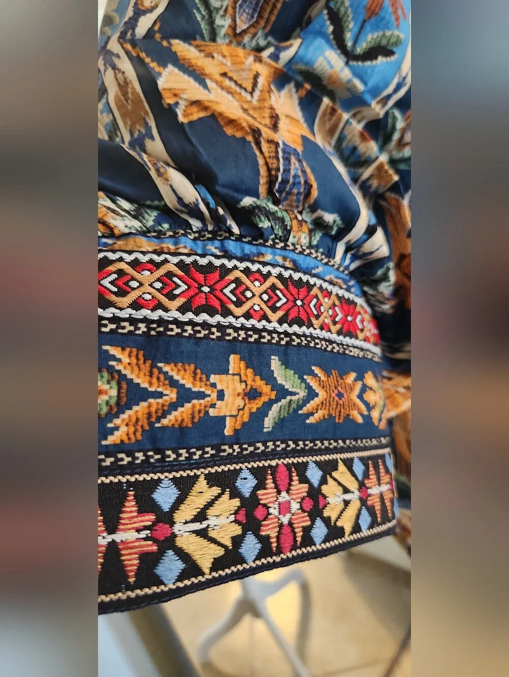 Farm Rio Blue Embroidered Tapestry Puff Sleeve Blouse